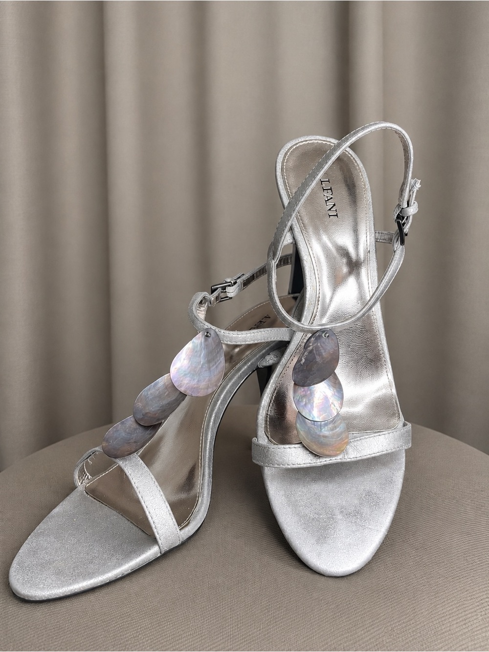 Alfani Metallic Silver Shell Charm High-Heel Sandals | Size 8.5M